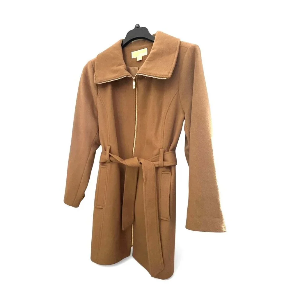 Michael Kors Womens Carmel Full Zip Wool Blend Belted Mid Length Coat Sz L New